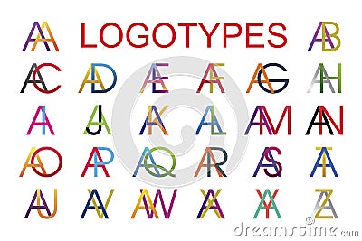 Logotype templates made from the combination of the letter A with all the letters of the English alphabet in different colors. Vector Illustration