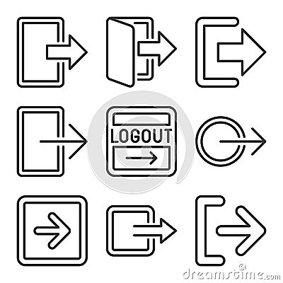 Logout and Exit Arrow Icons Set on White Background. Line Style Vector Vector Illustration