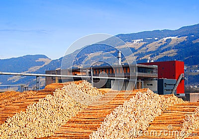 Logs at lumber factory Stock Photo