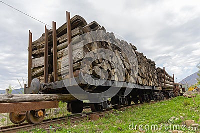 Logs of sawn timber on a car of a narrow-gauge line Stock Photo