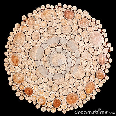 Logs wood cut section decoration, isolated on black background,wood stacked Stock Photo