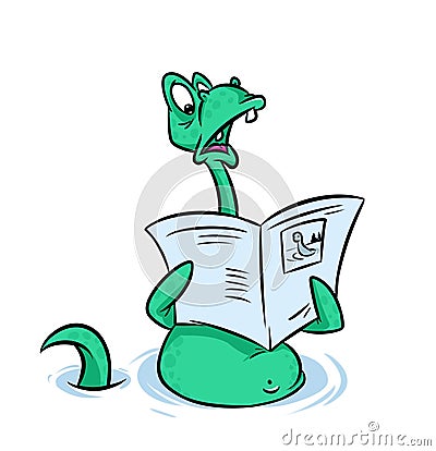 Lohh Ness monster reading newspaper cartoon Cartoon Illustration