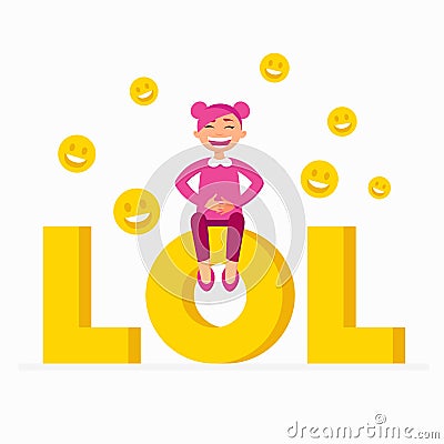 LOL icon as a laugh out loud sign yellow symbol with a funny smiling girl with pink hair sitting on LOL text. Cheerful Vector Illustration