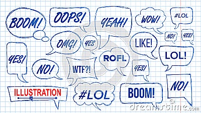 Lol Speech Bubbles Skech Set Vector. Fun Symbol. Emotion. Facial Expression. Expressions Hand Drawn Lol Stickers. Teen Vector Illustration