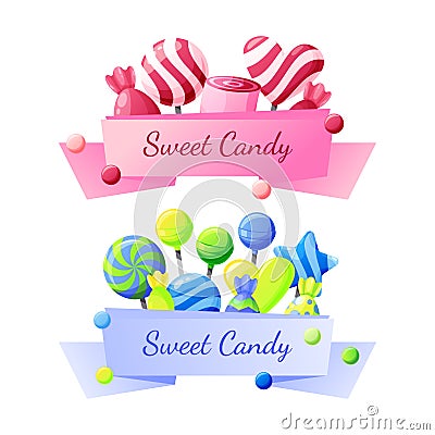Lollipop candy banner. Sweet pink stickers with sweets, ribbon with color food element, cute lollypop for bakery website Vector Illustration