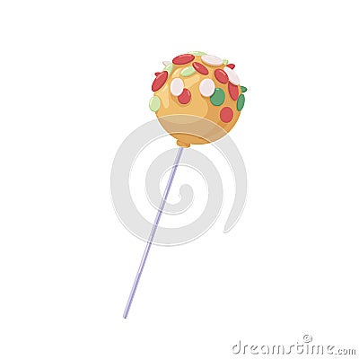 Lollipop candy on stick. Roll pop with colorful sprinkles decor. Round ball-shaped hard lollypop. Sugar sucker. Yummy Vector Illustration