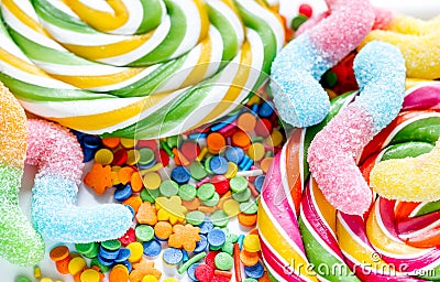 Lollipop design with sugar candys on sweet texure abstract background Stock Photo