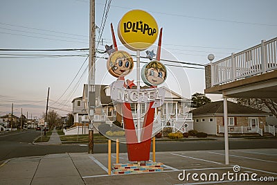 Lollipop Motel vintage sign at sunset, North Wildwood, New Jersey Editorial Stock Photo