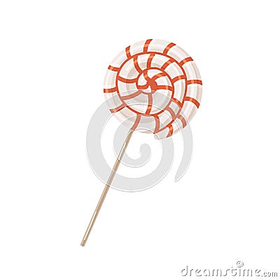 Lollipop on stick. Swirl twisted candy. Sweet round lollypop. Spiral lolly pop. Striped sugar sucker. Swirly dessert Vector Illustration