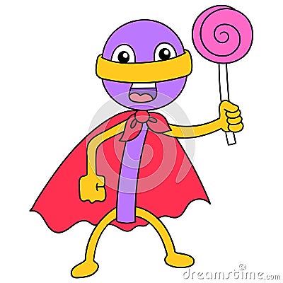 Lollipop superhero carrying candy. doodle icon image kawaii Vector Illustration