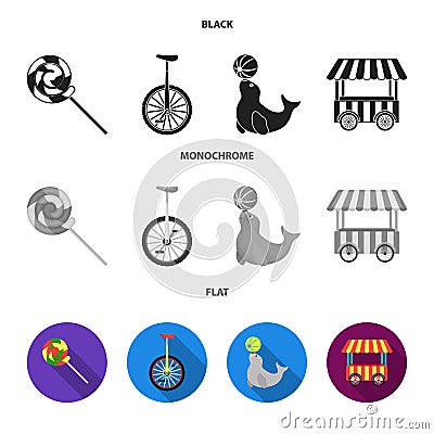 Lollipop, trained seal, snack on wheels, monocycle.Circus set collection icons in black, flat, monochrome style vector Vector Illustration