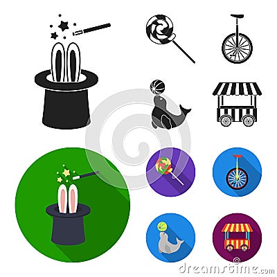 Lollipop, trained seal, snack on wheels, monocycle.Circus set collection icons in black, flat style vector symbol stock Vector Illustration