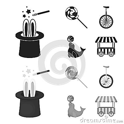 Lollipop, trained seal, snack on wheels, monocycle.Circus set collection icons in black,monochrom style vector symbol Vector Illustration