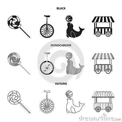 Lollipop, trained seal, snack on wheels, monocycle.Circus set collection icons in black,monochrome,outline style vector Vector Illustration