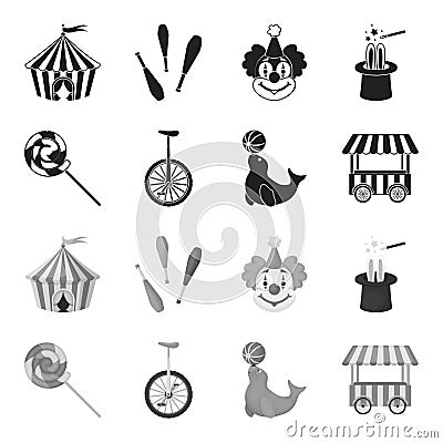 Lollipop, trained seal, snack on wheels, monocycle.Circus set collection icons in black,monochrome style vector symbol Vector Illustration