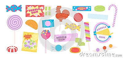 Lollipops and bubble gum, cartoon sweet candies. Isolated chewing gums pack and sticky. Holiday kids jelly candy, sweets Vector Illustration