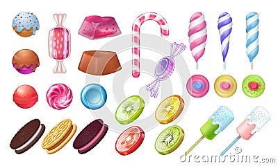 Lollipops and candies. Chocolate and toffee round sweets, caramel bonbon marshmallow and gummy. Vector jellies candies Vector Illustration