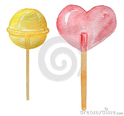 Lollipops, round candy and heart-shaped. Cartoon Illustration