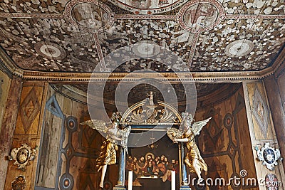 Lom medieval stave church interior. Roof and altar. Heritage. Stock Photo