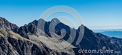 Lomnicky stit, Pysny stit, Javorovy stit and Prostredny hrot from Vychodna Vysoka mountain peak in Vysoke Tatry mountains in Stock Photo