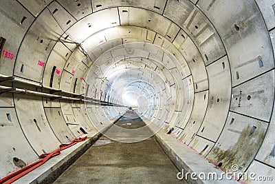 LONDON, 10 APRIL 2015: Section of new rail tunnel, under construction for the London Crossrail Project at North Woolwich, London, Editorial Stock Photo