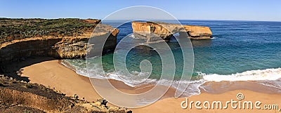 Panoramic view of the London Arch formerly London Bridge on a glorious morning, Port Campbell National Park, Victoria, Australia Stock Photo