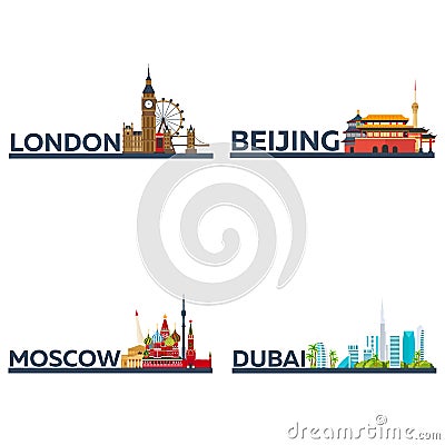 London, Beijing, Moscow, Dubai. Set Tourism. Travelling illustration city. Modern flat design. England, China, Russia, UAE. Cartoon Illustration