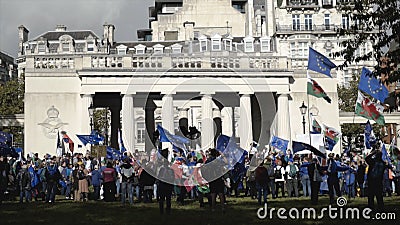 London, Britain-September, 2019: Crowd of people at Parliament building with demonstration and flags of European Union Editorial Stock Photo