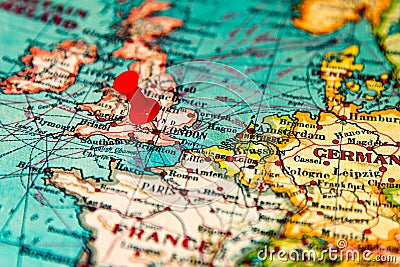 London, Britain, U.K. pinned on vintage map of Europe Stock Photo