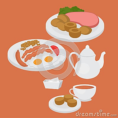 London menu. English breakfast, lunch and dinner with sausage, egg, becon. Traditional Afternoon tea. Meat and sandwich Vector Illustration