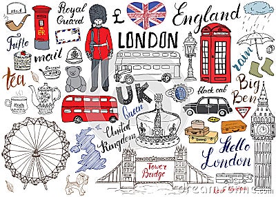 London city doodles elements collection. Hand drawn set with, tower bridge, crown, big ben, royal guard, red bus and black cab, UK Vector Illustration