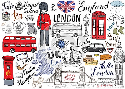 London city doodles elements collection. Hand drawn set with, tower bridge, crown, big ben, royal guard, red bus and cab, UK map a Vector Illustration