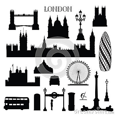 London city icon set. England landmark silhouette with lettering Stock Photo