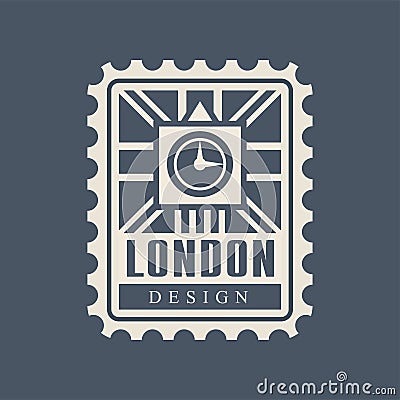 London city postal stamp with abstract Big Ben silhouette and British flag on background. Historical architecture Vector Illustration