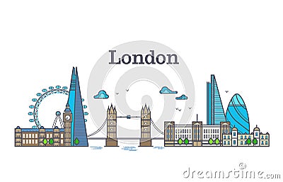 London city view, urban skyline with buildings, europe landmarks modern flat vector illustration Vector Illustration