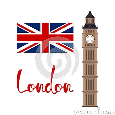 London concept. Big ben tower with flag and lettering Stock Photo
