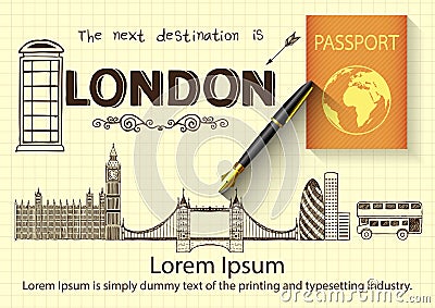 London doodles on yellow paper with 3D fountain pen and passport Vector Illustration