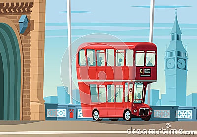 London double decker bus on Tower Bridge and city landscape in background Cartoon Illustration