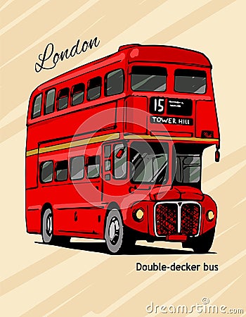 London double-decker hand-drawn red bus Vector Illustration