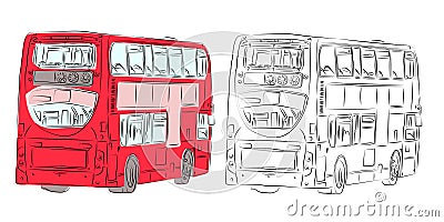 London double-decker modern bus in red and pencil drawing with rear view Vector Illustration