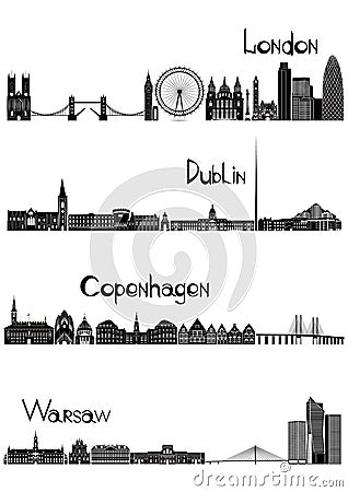 London, Dublin, Warsaw and Copenhagen, b-w vector Vector Illustration