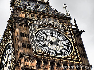 Big Ben London-Elizabeth Tower is a tower at the north-east end of the Houses of Parliament, where the British Parliament sits. Stock Photo
