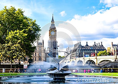 London big ben view from garden and fountain Editorial Stock Photo