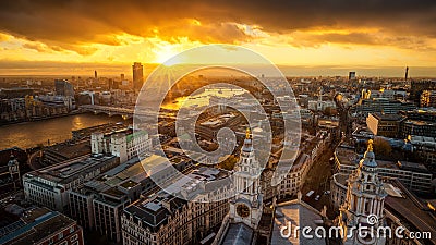 London, England - Aerial panoramic skyline view of London taken from top of St.Paul`s Cathedral at sunset Editorial Stock Photo