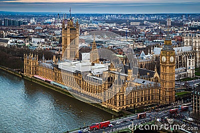 London, England - Aerial skyline view of the famous Big Ben with Houses of Parliament Stock Photo