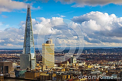 London, England - Aerial view of the Shard, London`s highest skyscraper at sunset Stock Photo