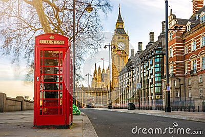 London, England - British old red telephone box with Big Ben Editorial Stock Photo