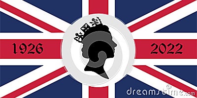 London, London, England 09.10.2022 Death Queen Elizabeth side profile of young in crown on British flag funeral ruling 70 year Editorial Stock Photo