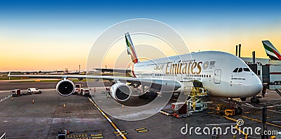 London, England - 05.05.2018: An Emirates Airbus A380-800 super Editorial Stock Photo