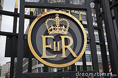 Elizabeth II Regina ER royal insignia on the gate of the Tower of London, England Editorial Stock Photo